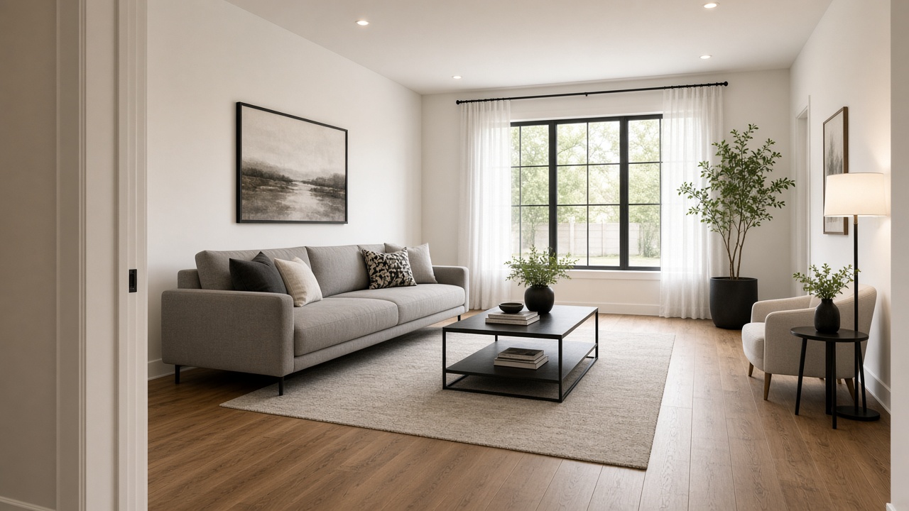 Modern living room after Nadine Floor Company flooring and remodel