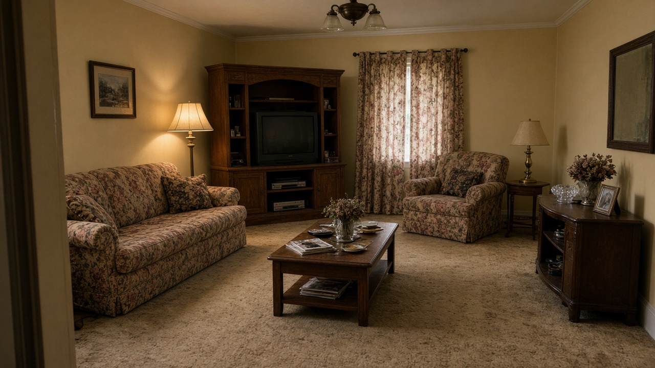 Outdated living room before flooring installation and remodel