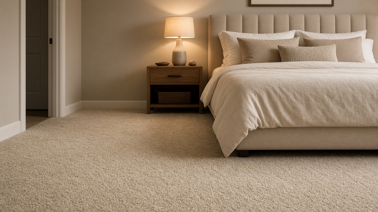 Bedroom with new plush carpet after Nadine Floor Company install