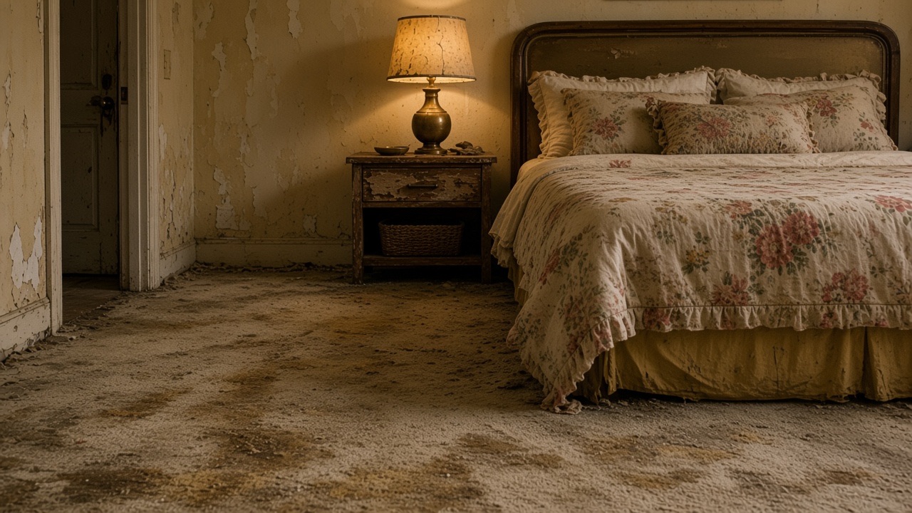 Bedroom with worn carpet before replacement
