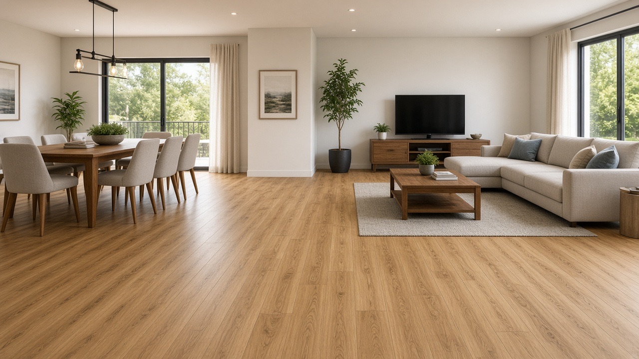Living area with new laminate flooring after Nadine Floor Company install