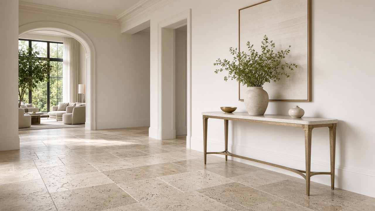 Foyer with new natural stone flooring after Nadine Floor Company install
