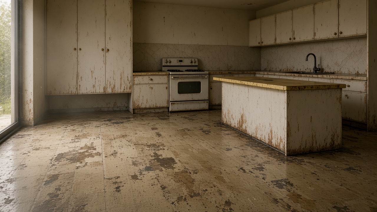 Kitchen with dated flooring before tile install