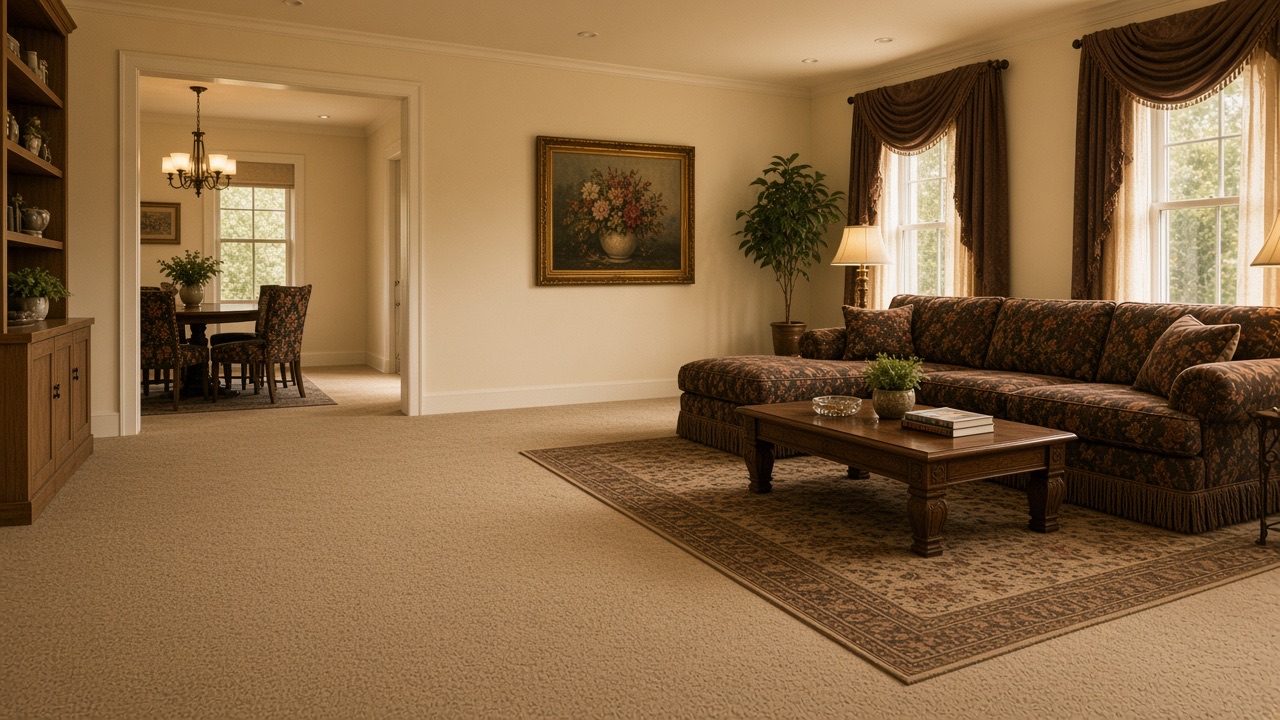 Outdated living room with old carpet before hardwood install