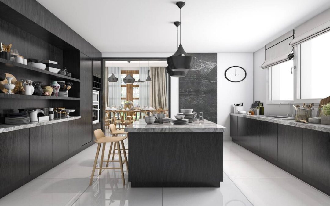 Timelessly Elegant Black & White Kitchen Remodeling Showing Granite and Porcelain Tiles