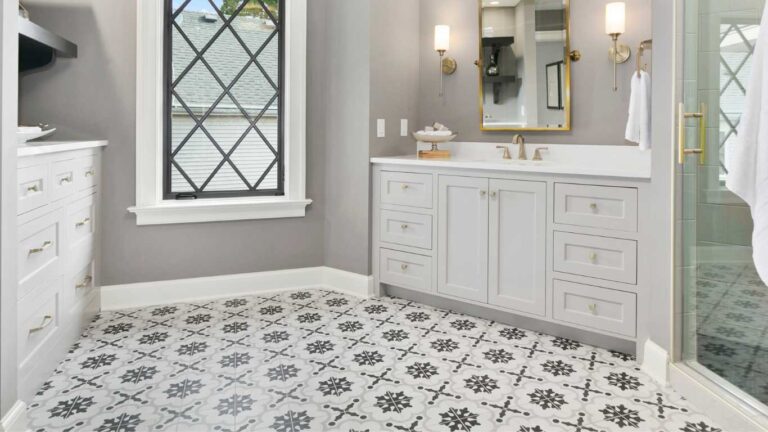 Elegant White Bathroom Remodel with Decorative Tiles Inspiration Idea