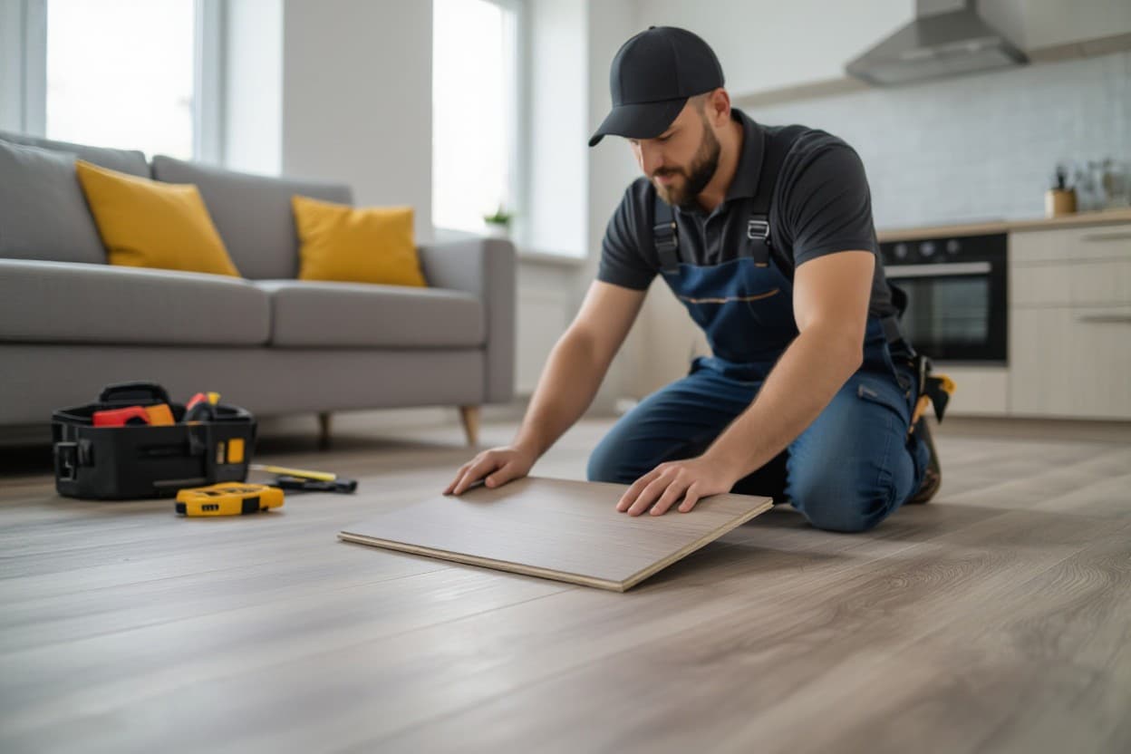 man working with vinyl plank flooring installation